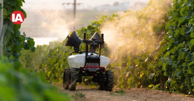 XAG R100 Agricultural Rover performs precision spraying in a vineyard.